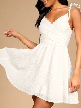 Lulus Cute & Sweet White Smocked Tie-Strap Mini Dress With Wrap Front Small